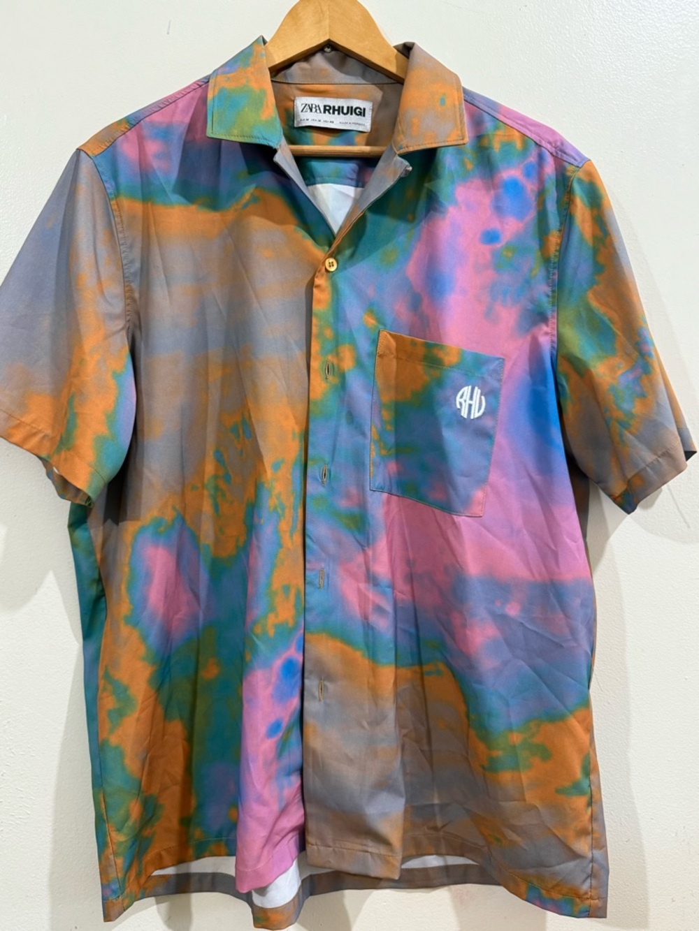 Zara RHUIGI Men's Multicolor Tie-Dye Short Sleeve Button-Down Shirt